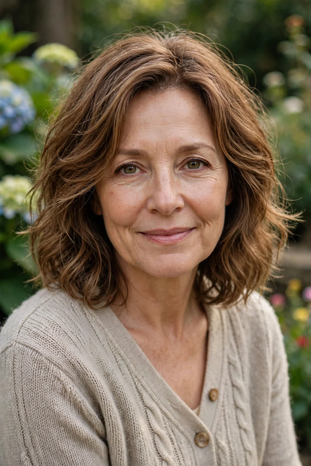 Woman with a wavy layered lob hairstyle adding volume to thin hair