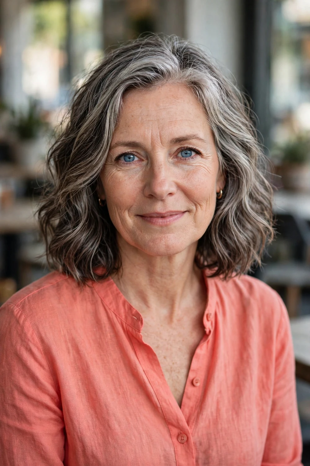 Caucasian woman in her mid-50s with a wavy lob in salt-and-pepper hair