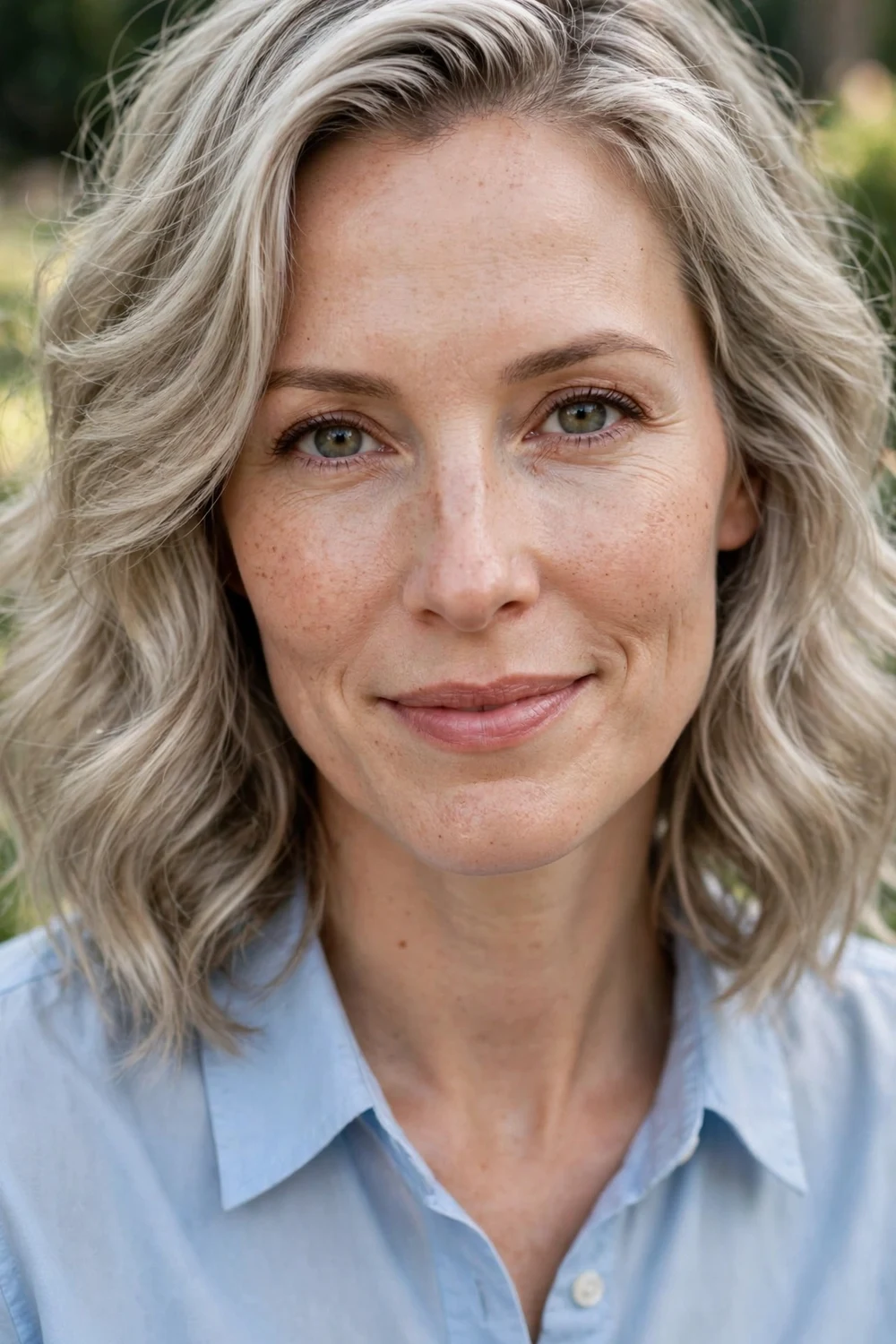 Woman with a long oval face wearing a wavy lob with a side part and loose waves at the cheeks