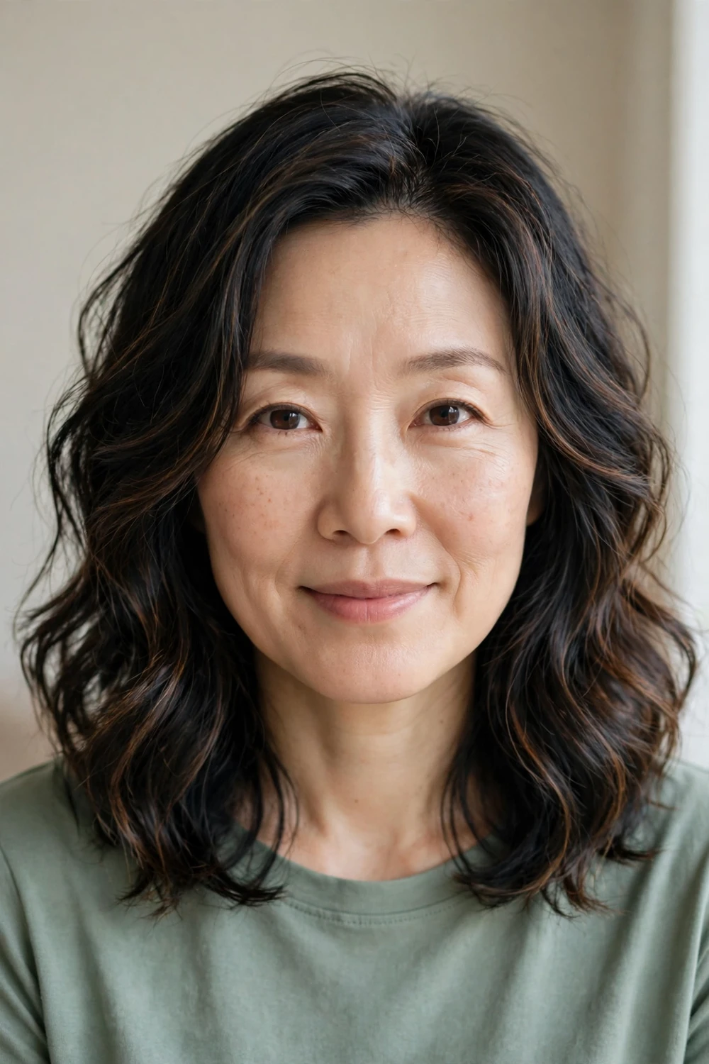 East Asian woman in her mid 40s with a wavy lob haircut and soft layers in black hair with subtle brown highlights