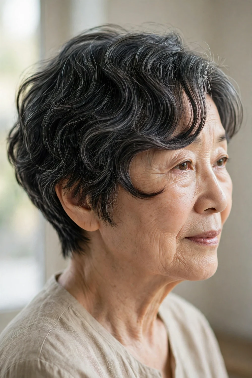 Mature woman with a wavy pixie and long side bangs sweeping across the forehead