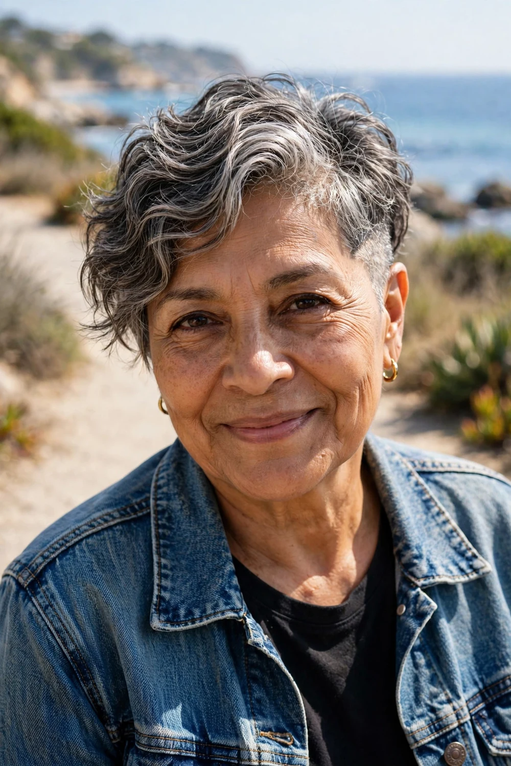 Latina woman in her late 60s with a relaxed salt-and-pepper wavy pixie and faded undercut sides