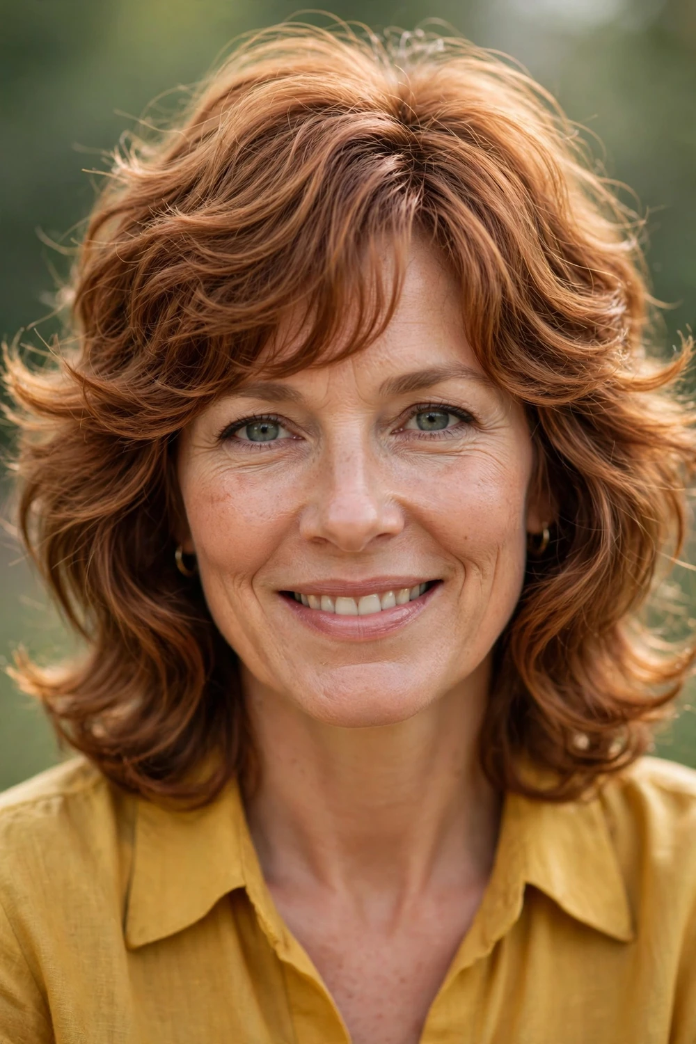 Woman with a 70s feathered wavy shag with flipped layers and feather bangs
