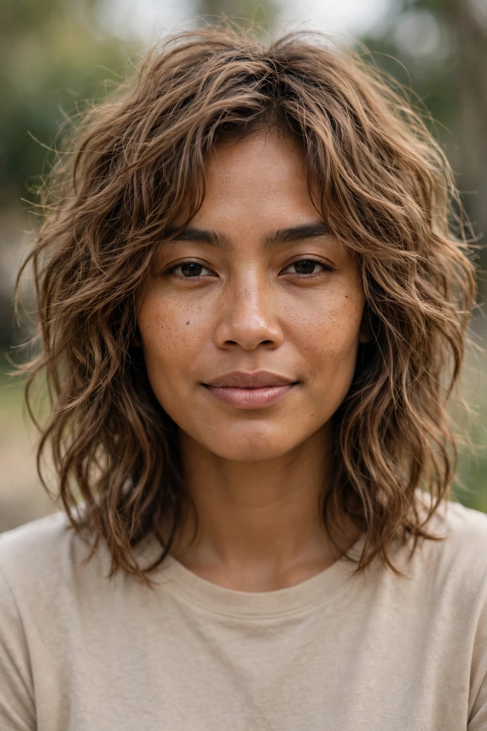 Woman with an effortless air-dry wavy shag with natural tousled texture
