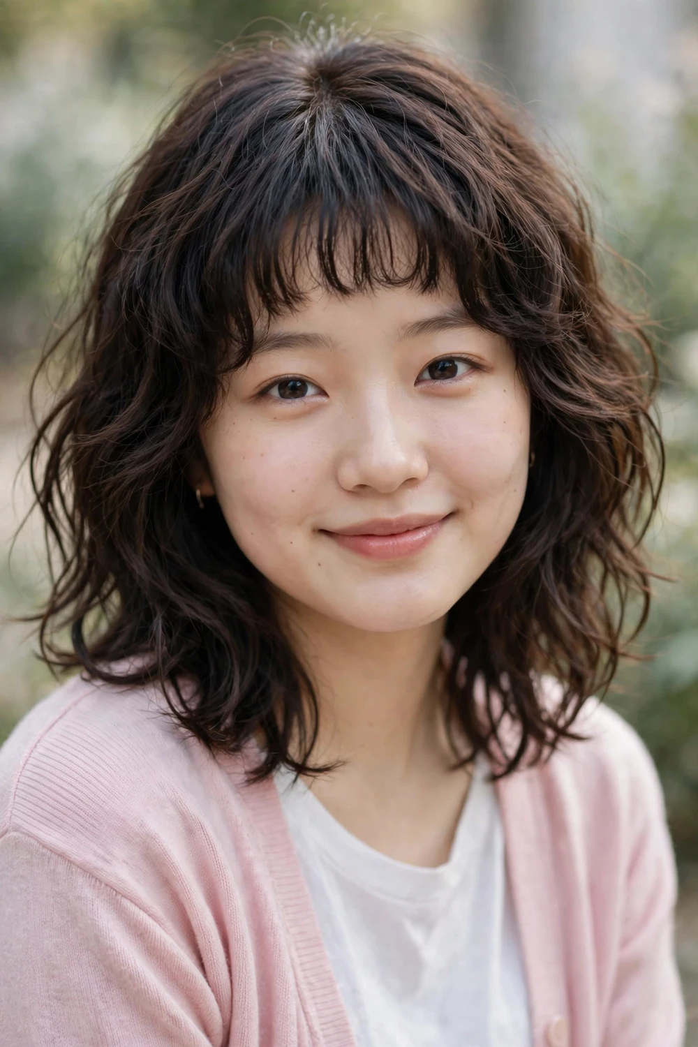Woman with a wavy shag with baby bangs and short fringe above the brows