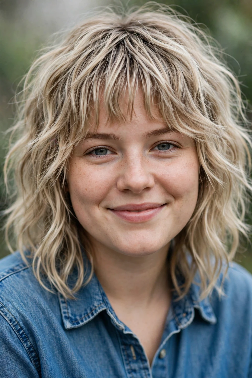 Woman with a wavy blonde shag with choppy bangs and ashy blonde waves