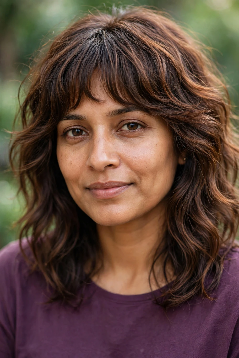 Woman with a wavy shag with bottleneck bangs narrowing at the temples