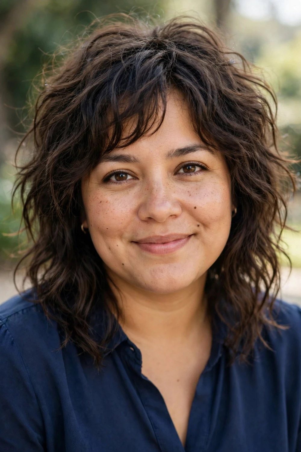 Woman with a wavy shag with choppy layers and medium-length tousled waves