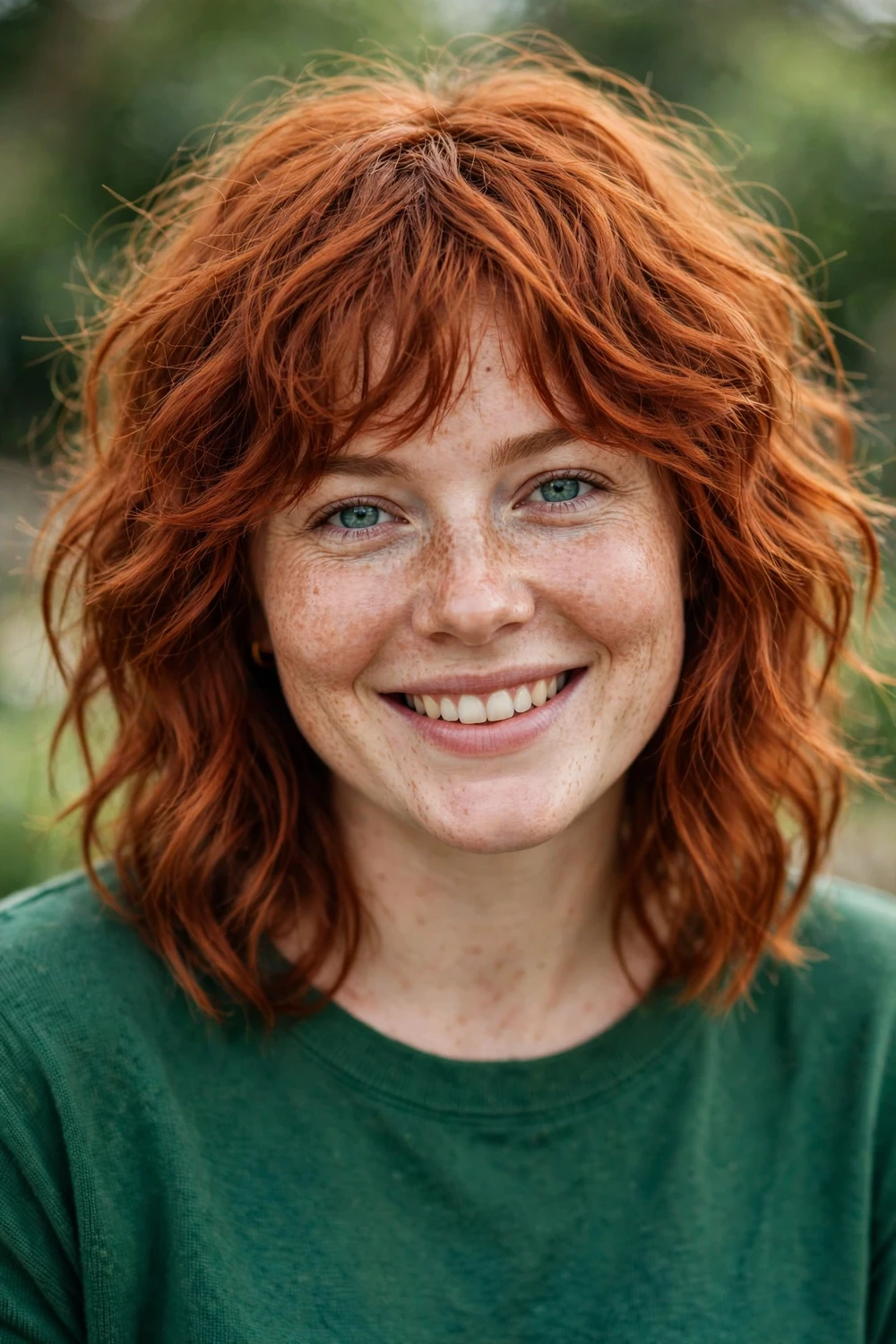 Woman with a copper wavy shag with rich red-toned tousled waves