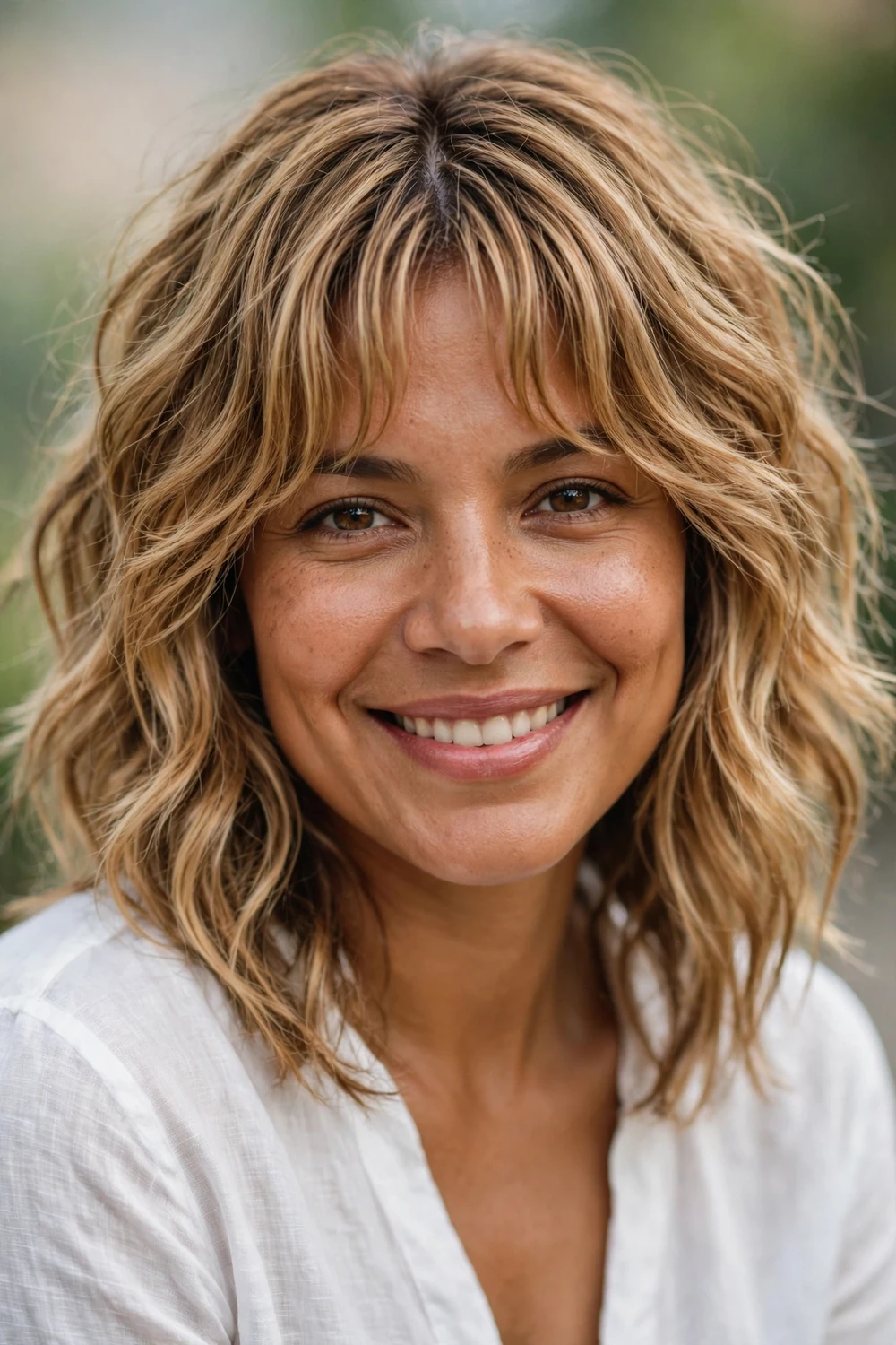 Woman with a wavy shag with curtain bangs parted softly in the center