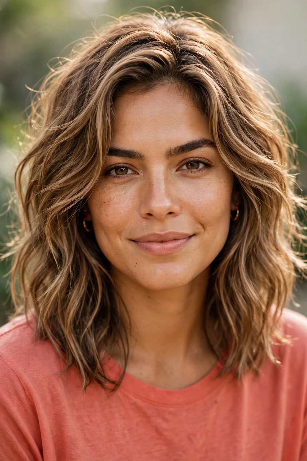 Woman with a wavy shag with face-framing layers around the cheeks