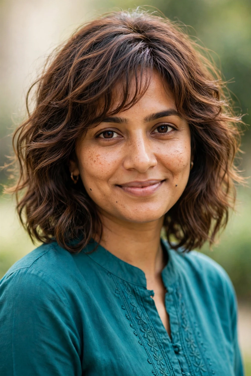 Woman with a soft wavy shag with feathered layers and wispy bangs