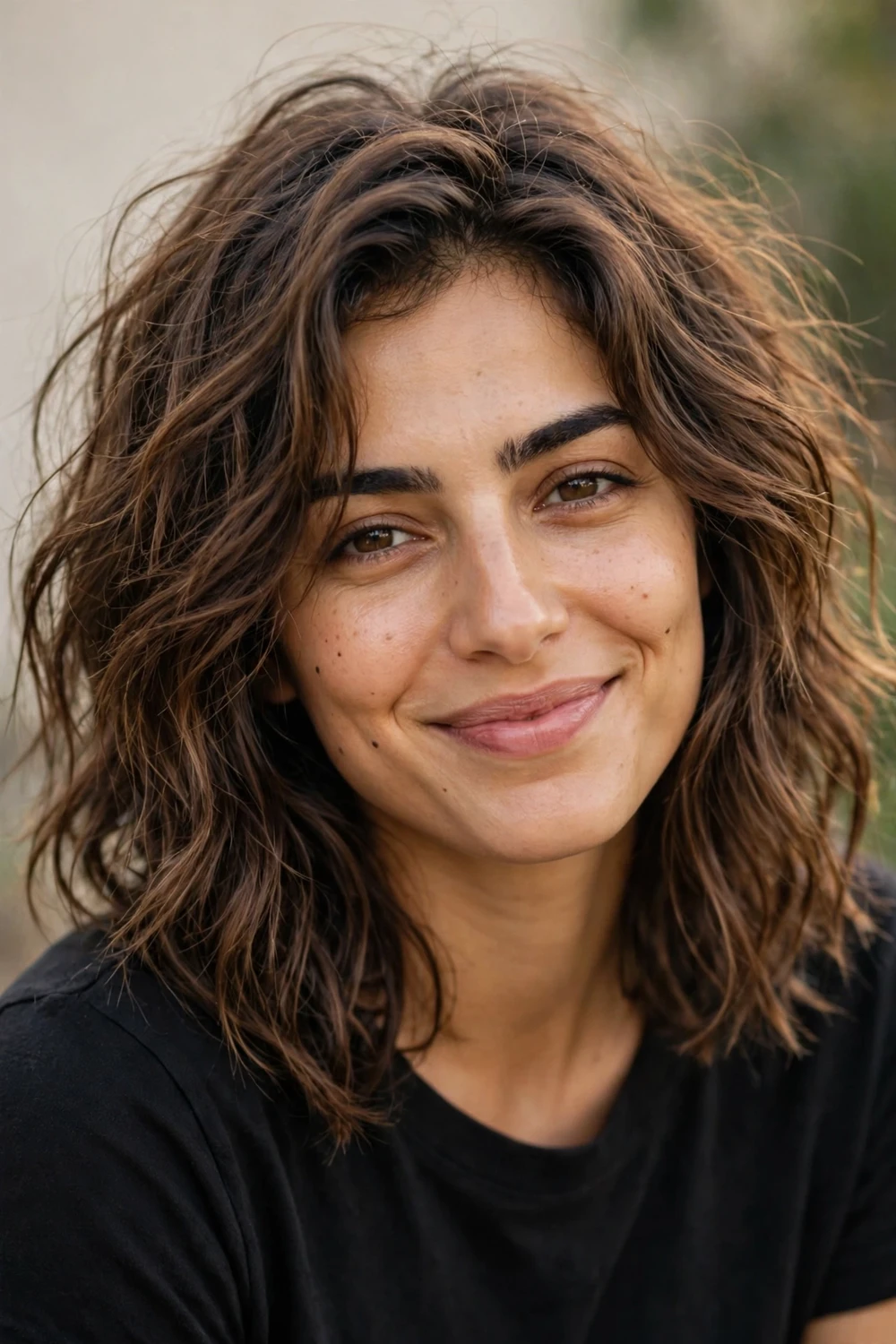 Woman with a messy wavy shag with deliberately undone tousled layers
