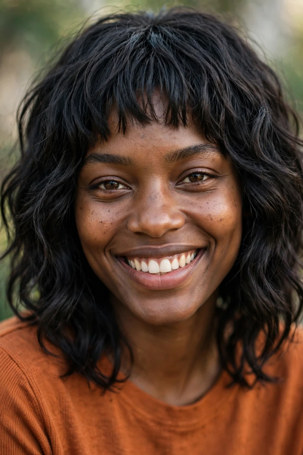 Woman with a wavy shag with micro bangs cut short above the brows