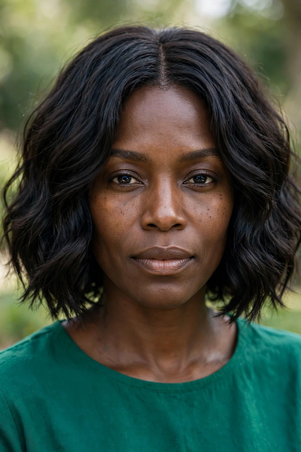 Woman with a middle-parted wavy shag bob with symmetrical waves
