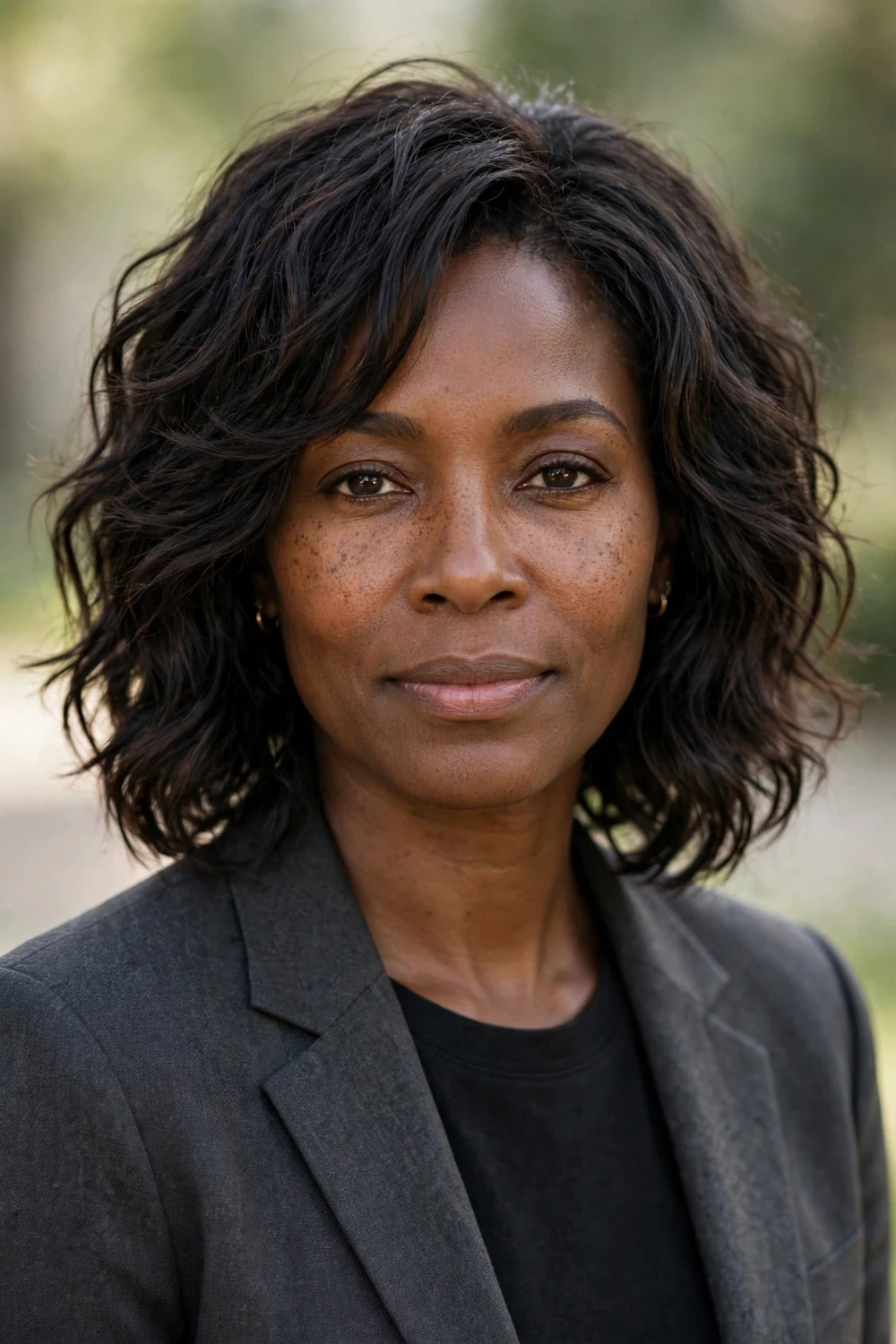 Woman with a neck-length wavy shag with layered waves at the nape