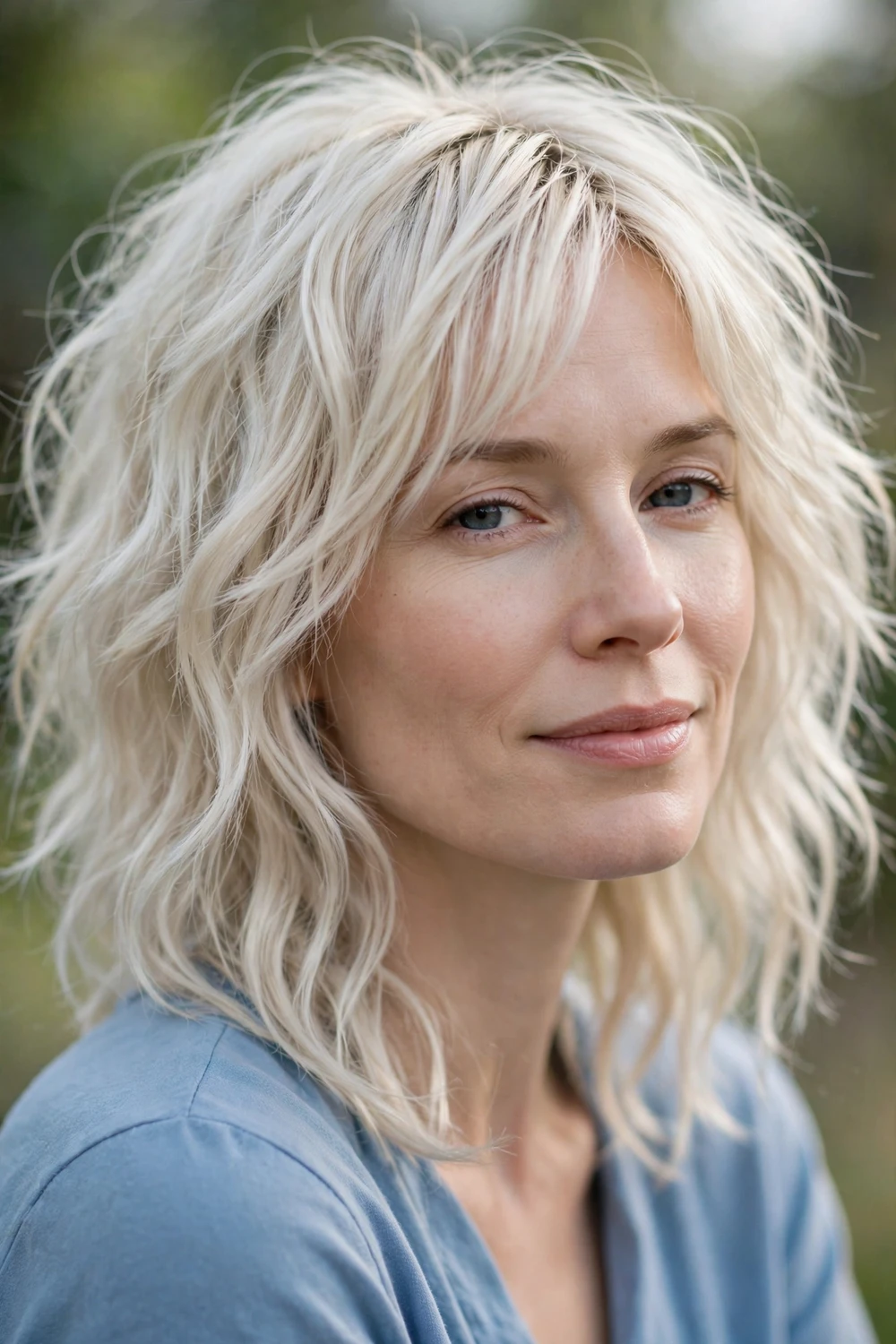 Woman with a soft platinum wavy shag with icy blonde textured waves