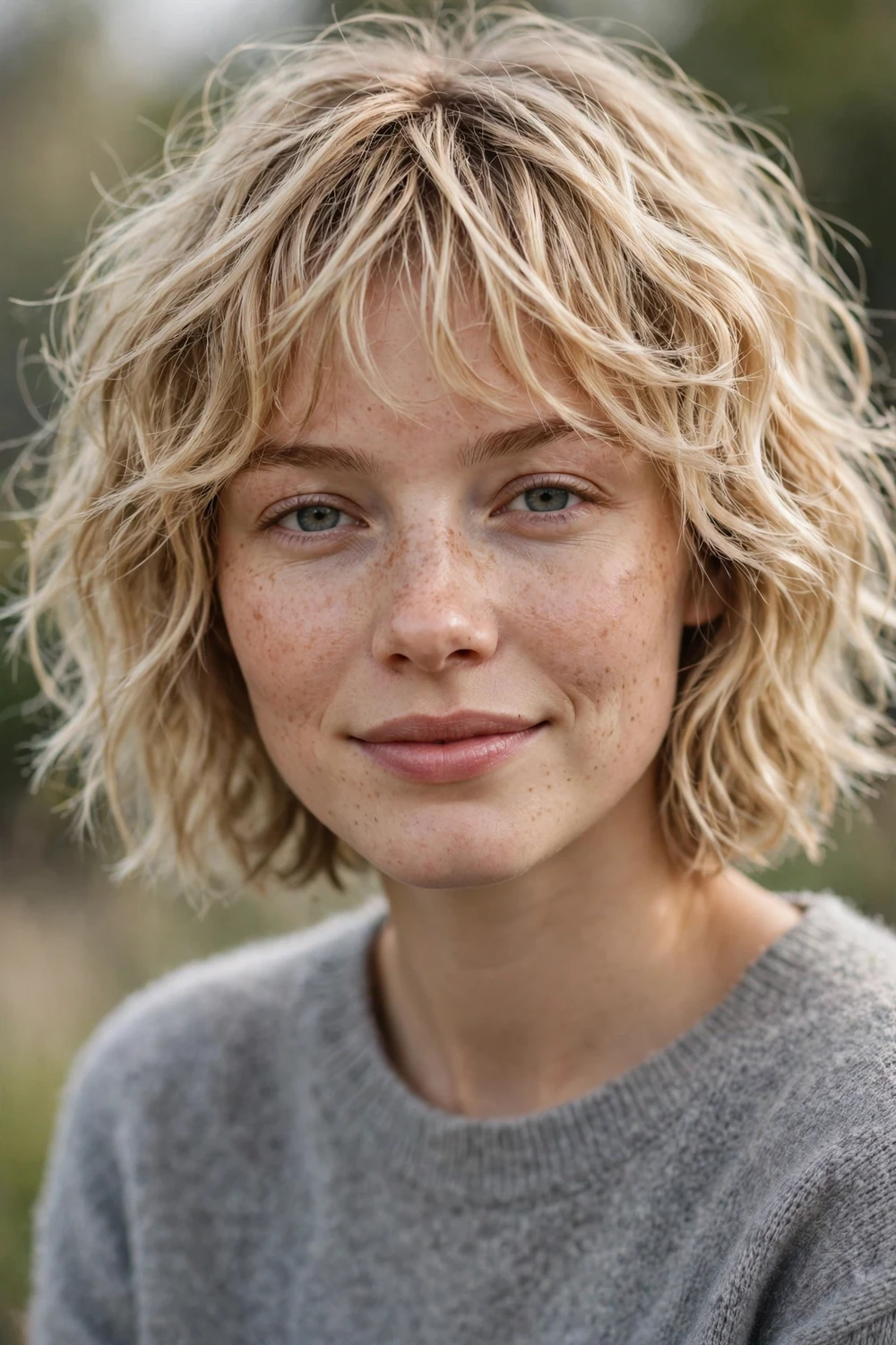 Woman with a short wavy shag with wispy bangs and textured layers