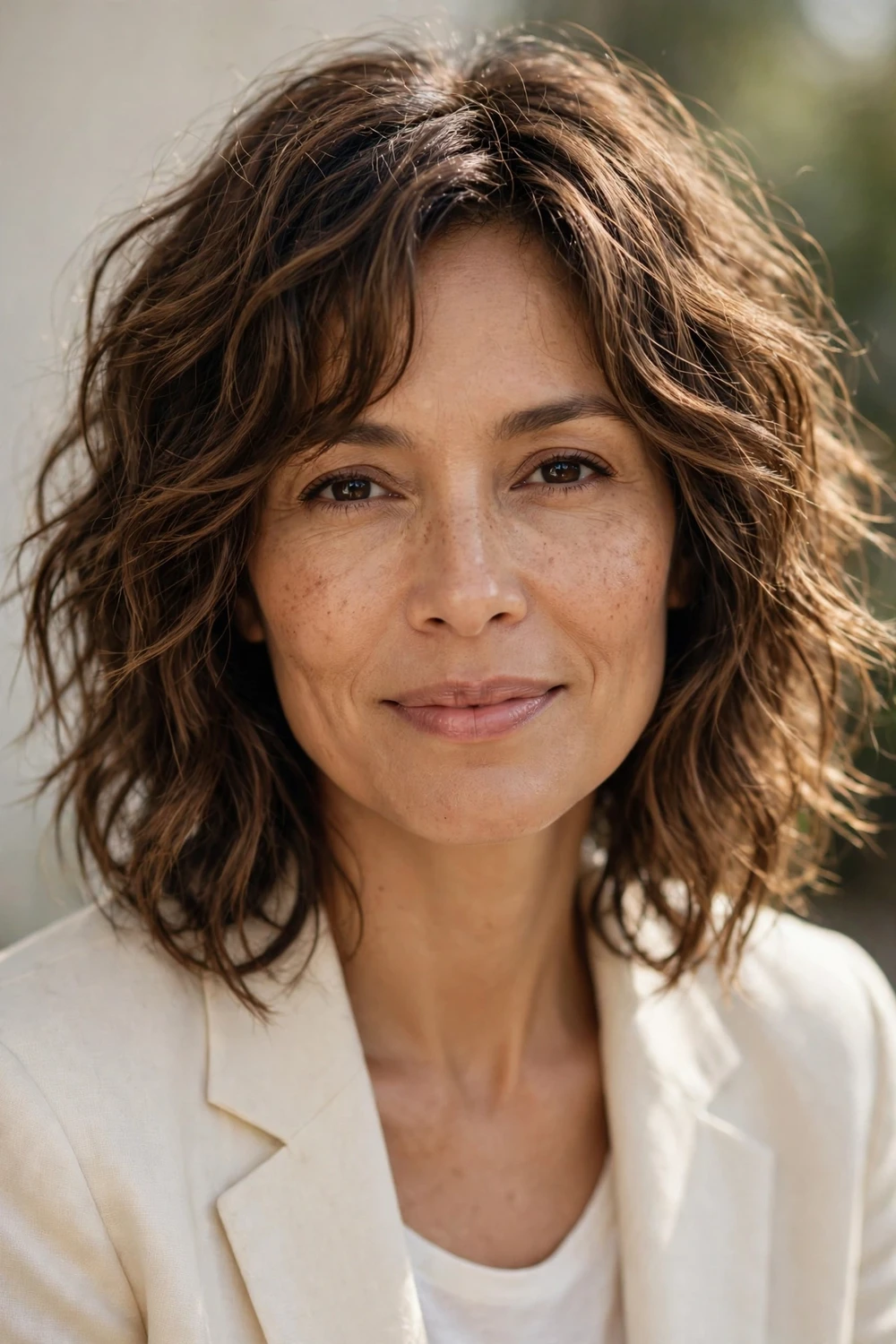 Woman with a shaggy wavy lob with collarbone-length layered waves