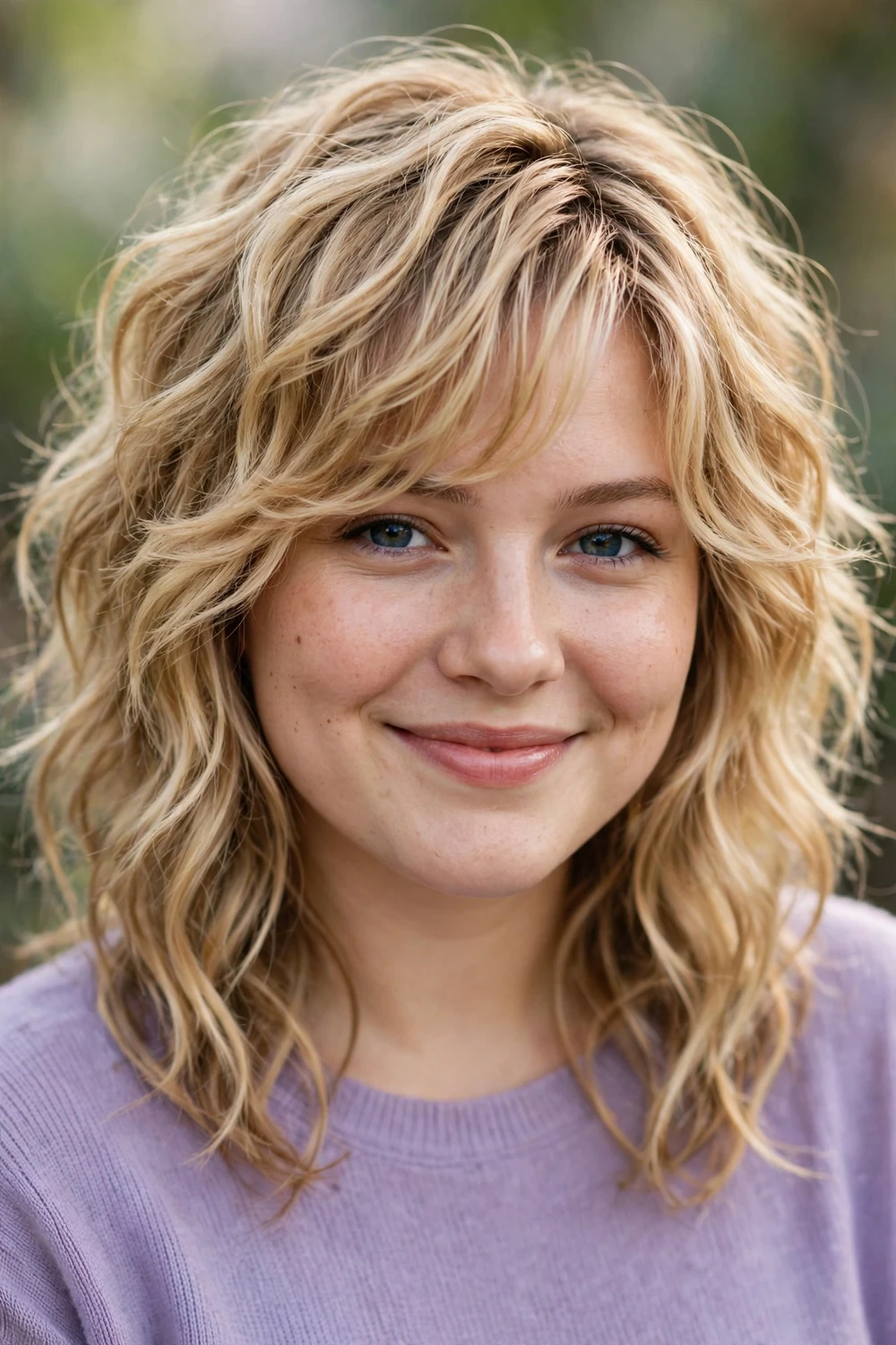 Woman with a wavy shag with side-swept bangs sweeping diagonally