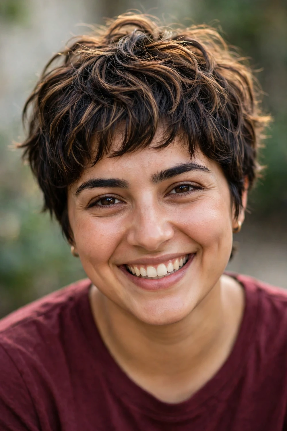 Woman with a tousled pixie shag with short wavy texture and caramel highlights