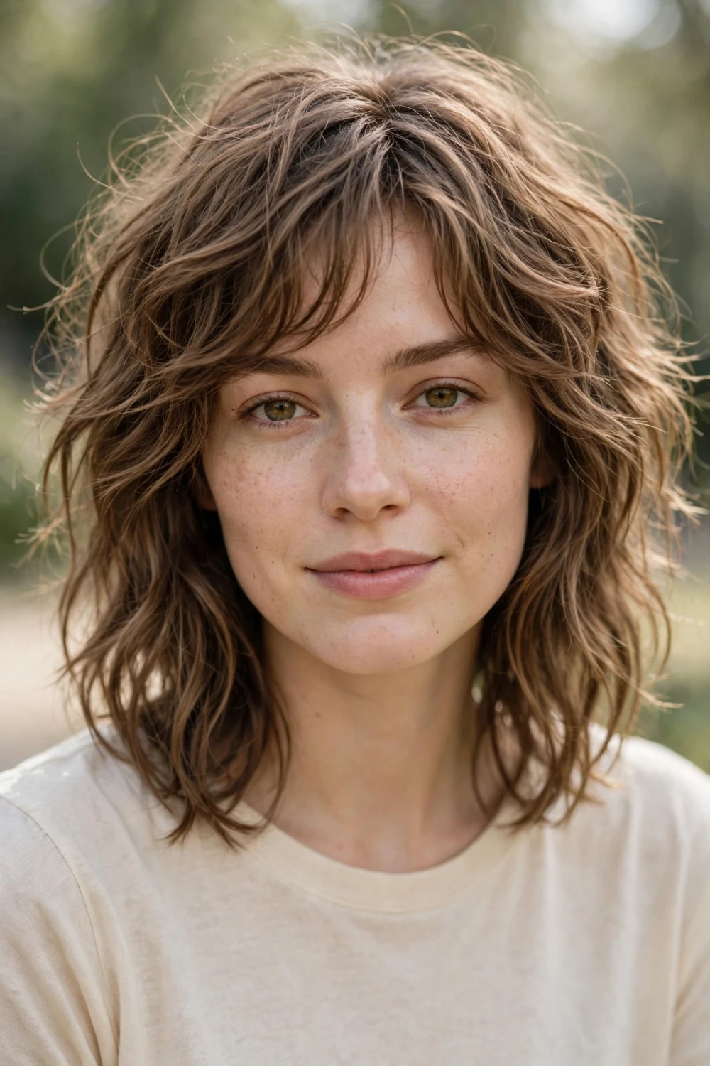 Woman with a tousled wavy shag with choppy layers and soft natural waves