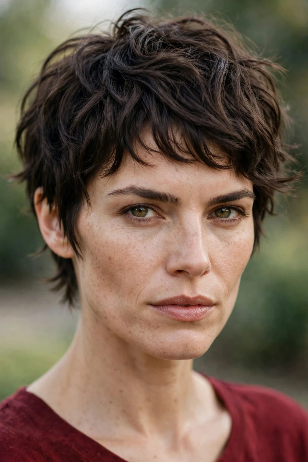 Woman with a wavy pixie shag with short choppy waves and piecey top