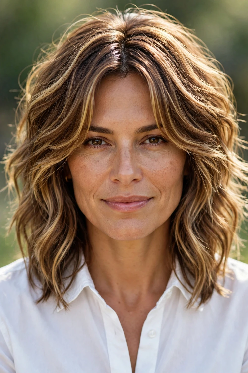 Woman with a wavy shag with golden blonde highlights and curtain bangs