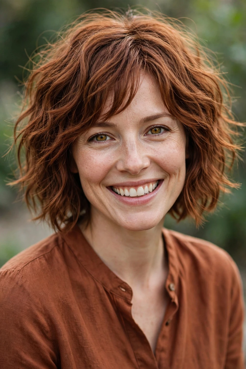 Woman with a wavy shaggy bob with chin-length waves and textured ends