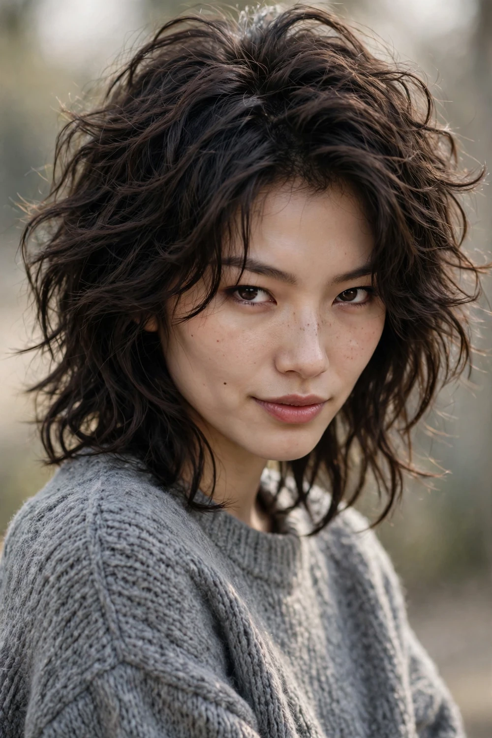 Woman with a wavy wolf shag with voluminous crown and tapered ends