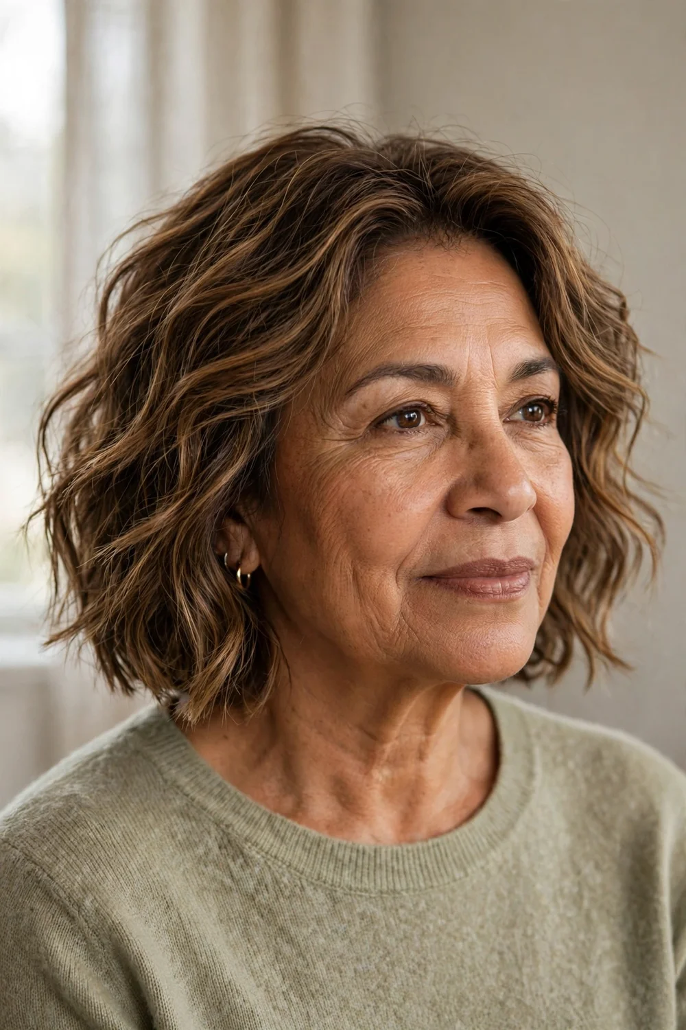 57-year-old Latina woman with highlighted brown wavy textured bob, three-quarter view
