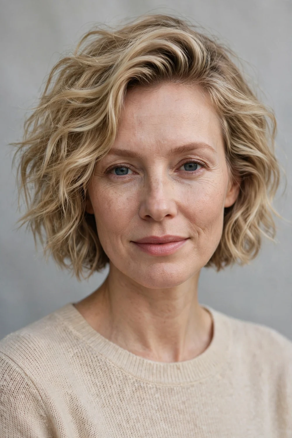 Woman with oblong face wearing a short wavy textured bob with tousled side volume