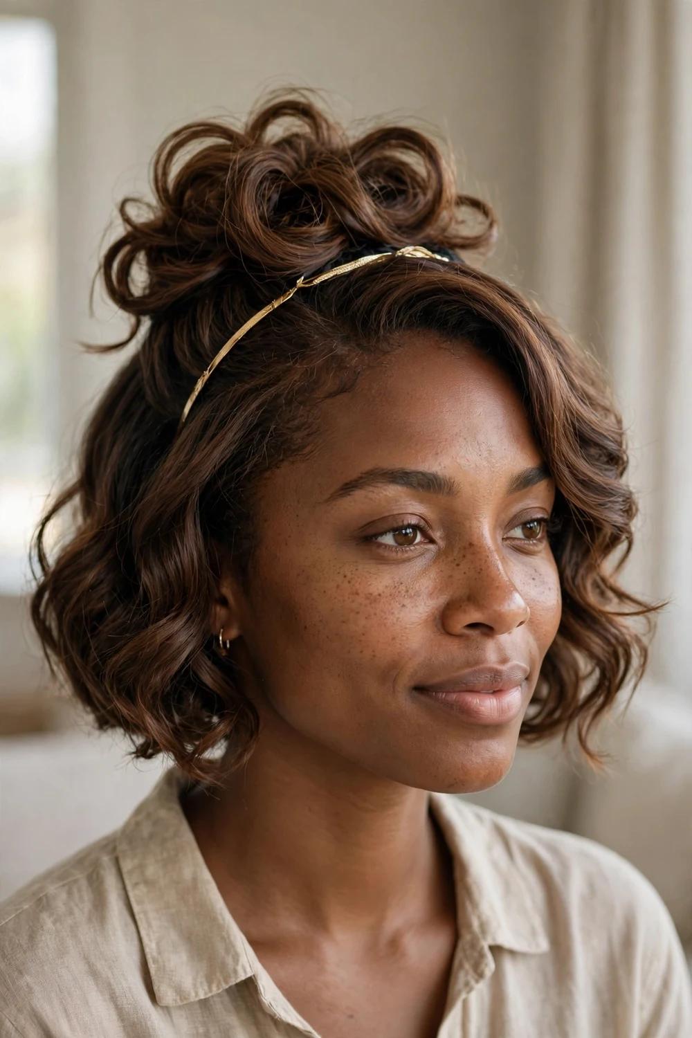Wavy updo arranged on top with a gold headband on a chin length brown bob