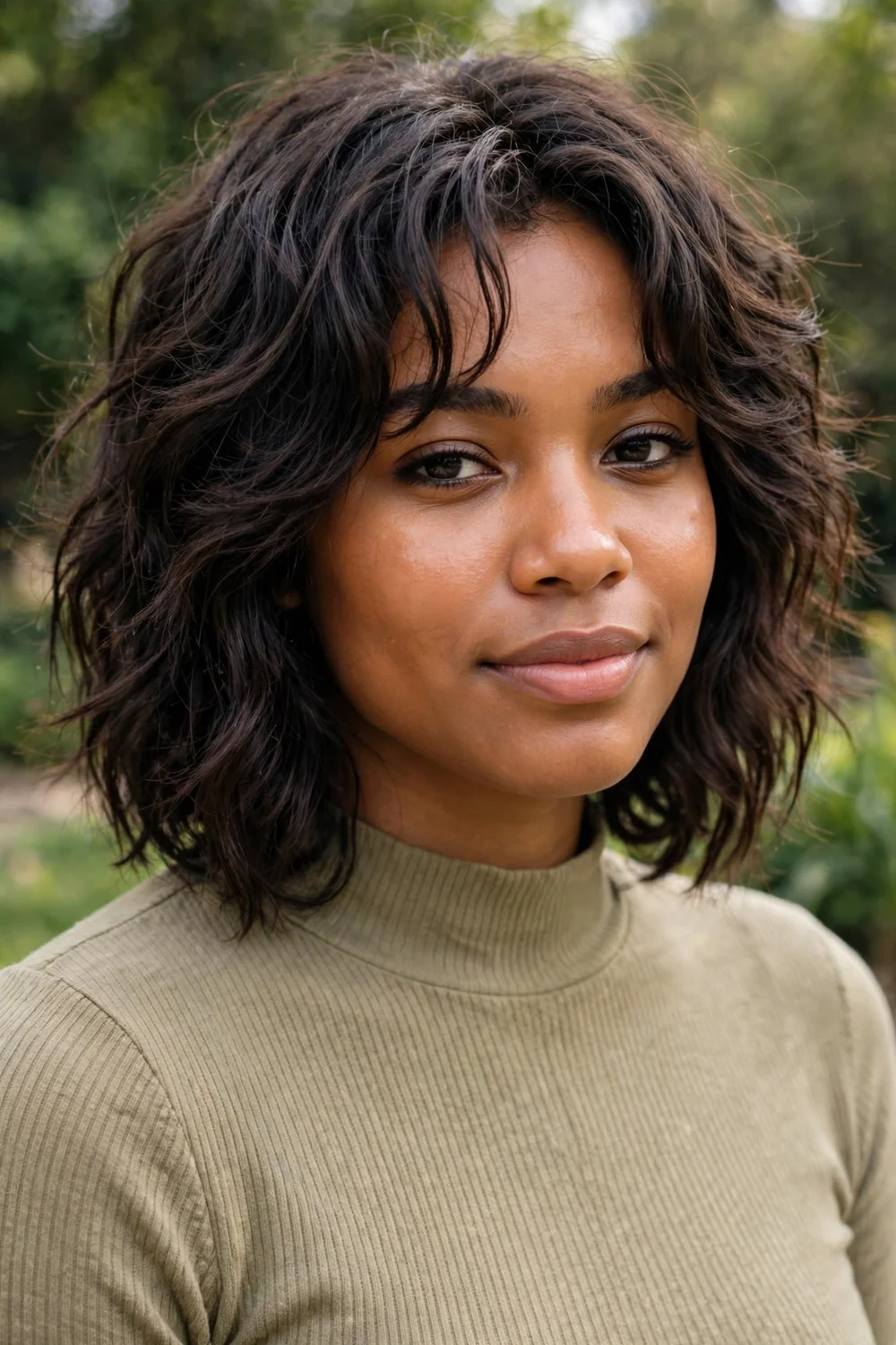 Wavy wolf cut hairstyle with beachy waves, layered texture, and natural movement