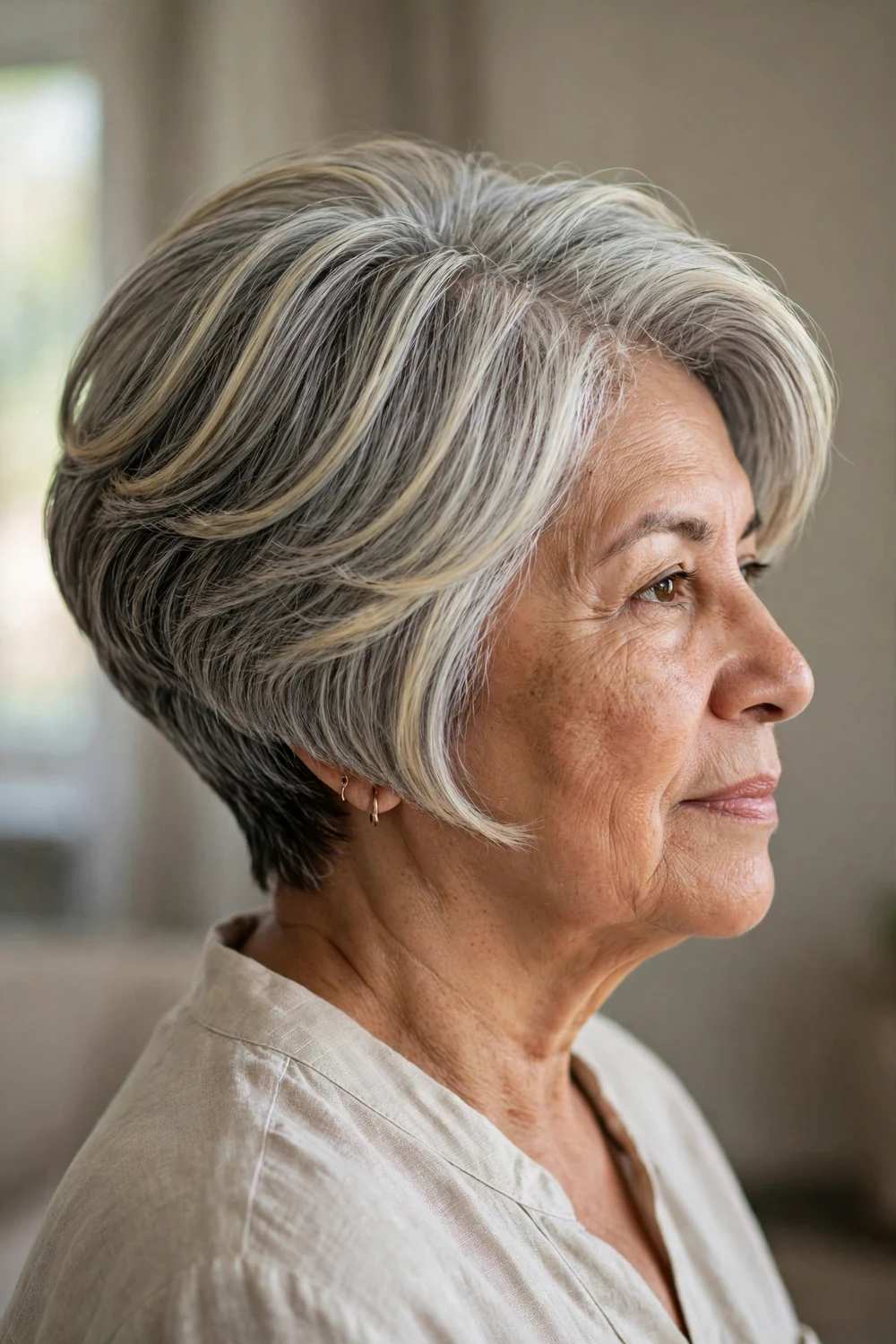 Woman over 60 with a wedge bob and curly highlights