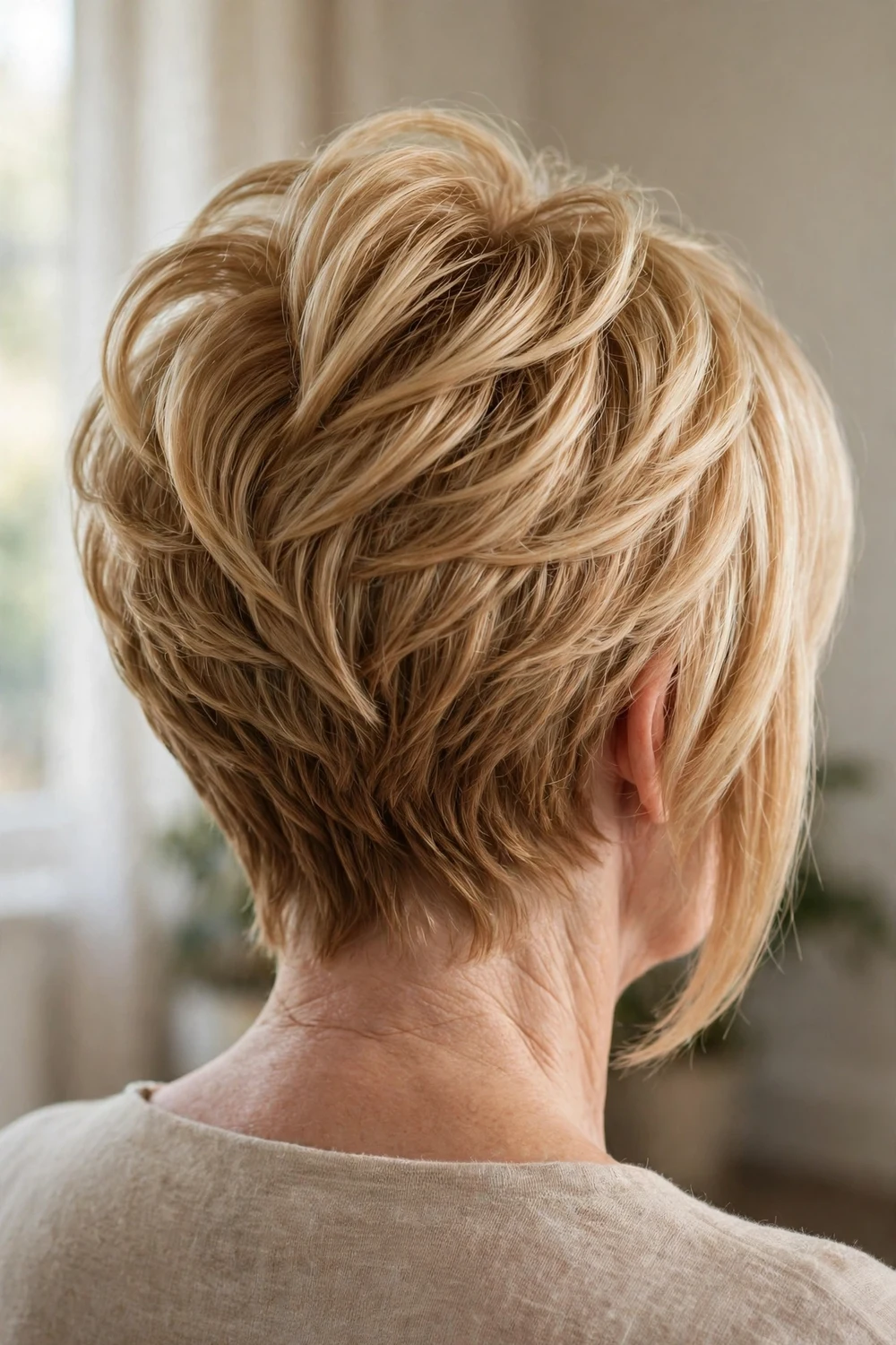 Back view of a wedge pixie with stacked layers on a woman over 50 with thin golden blonde hair