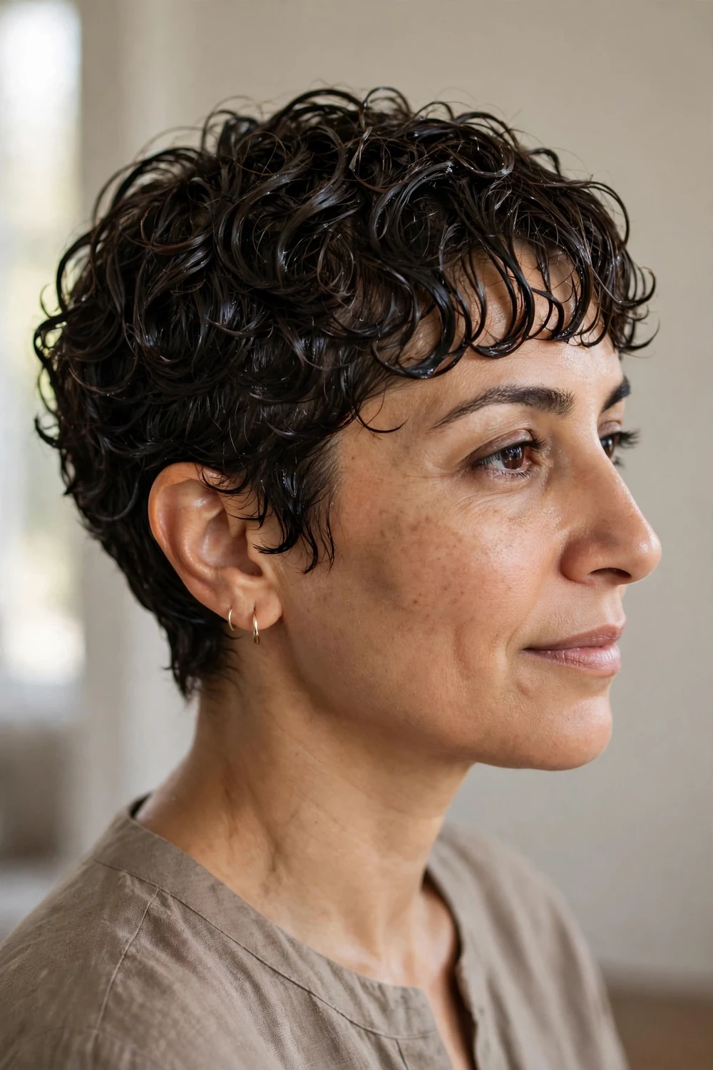 Wet-look curly pixie with glossy defined bangs