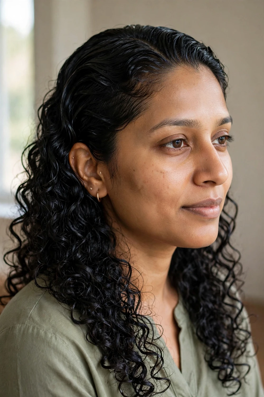 Woman with wet-look slicked back thick curly hair