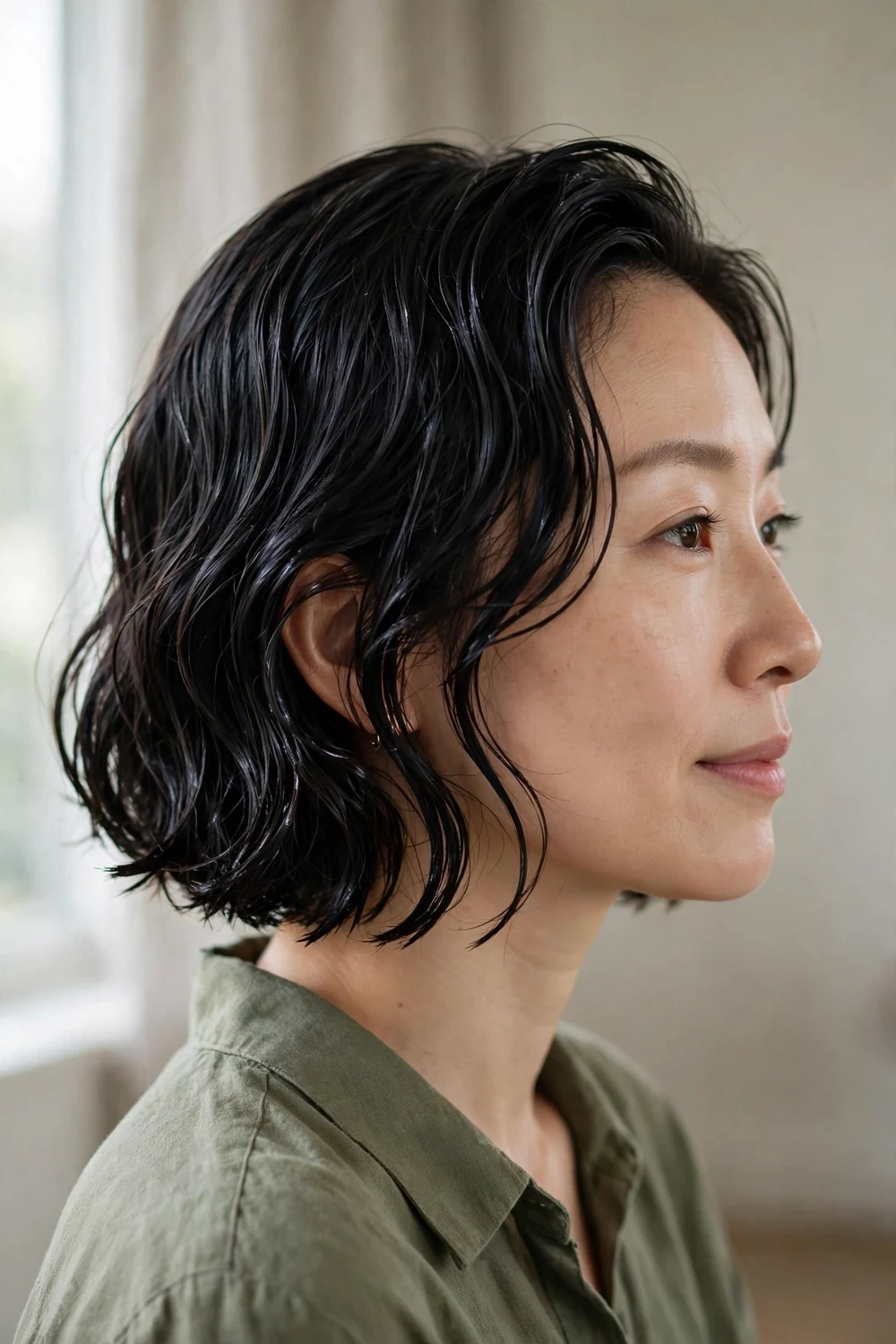 Wet-look wavy bob with glossy defined waves on black chin-length hair, side view
