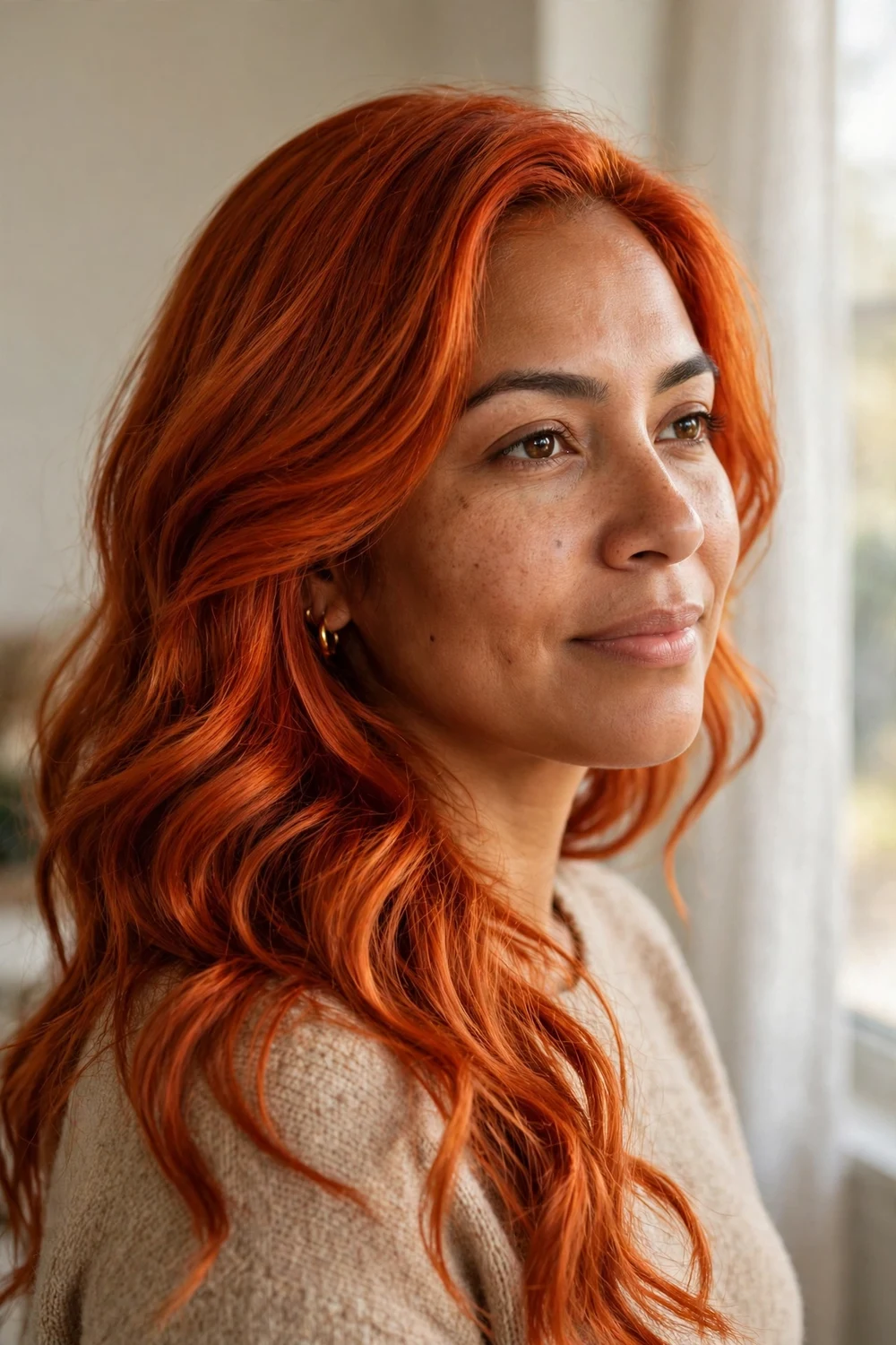 Bright copper red wavy hair color explained