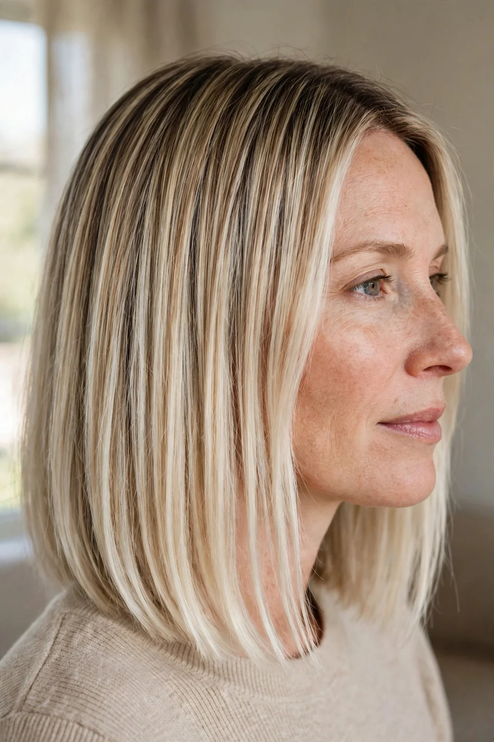 Woman with white blonde balayage on a sleek straight bob