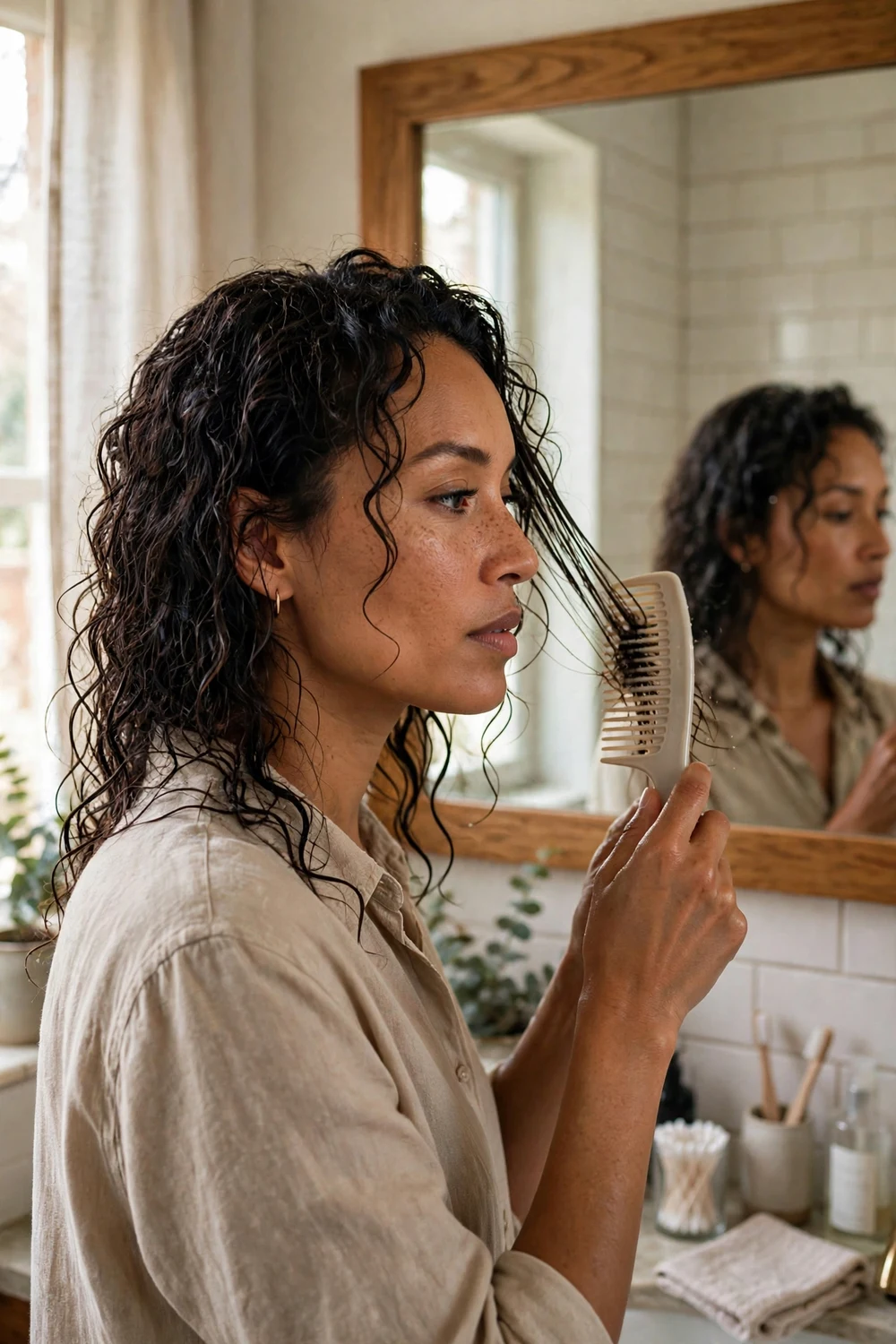 Woman detangling damp hair with a wide-tooth comb
