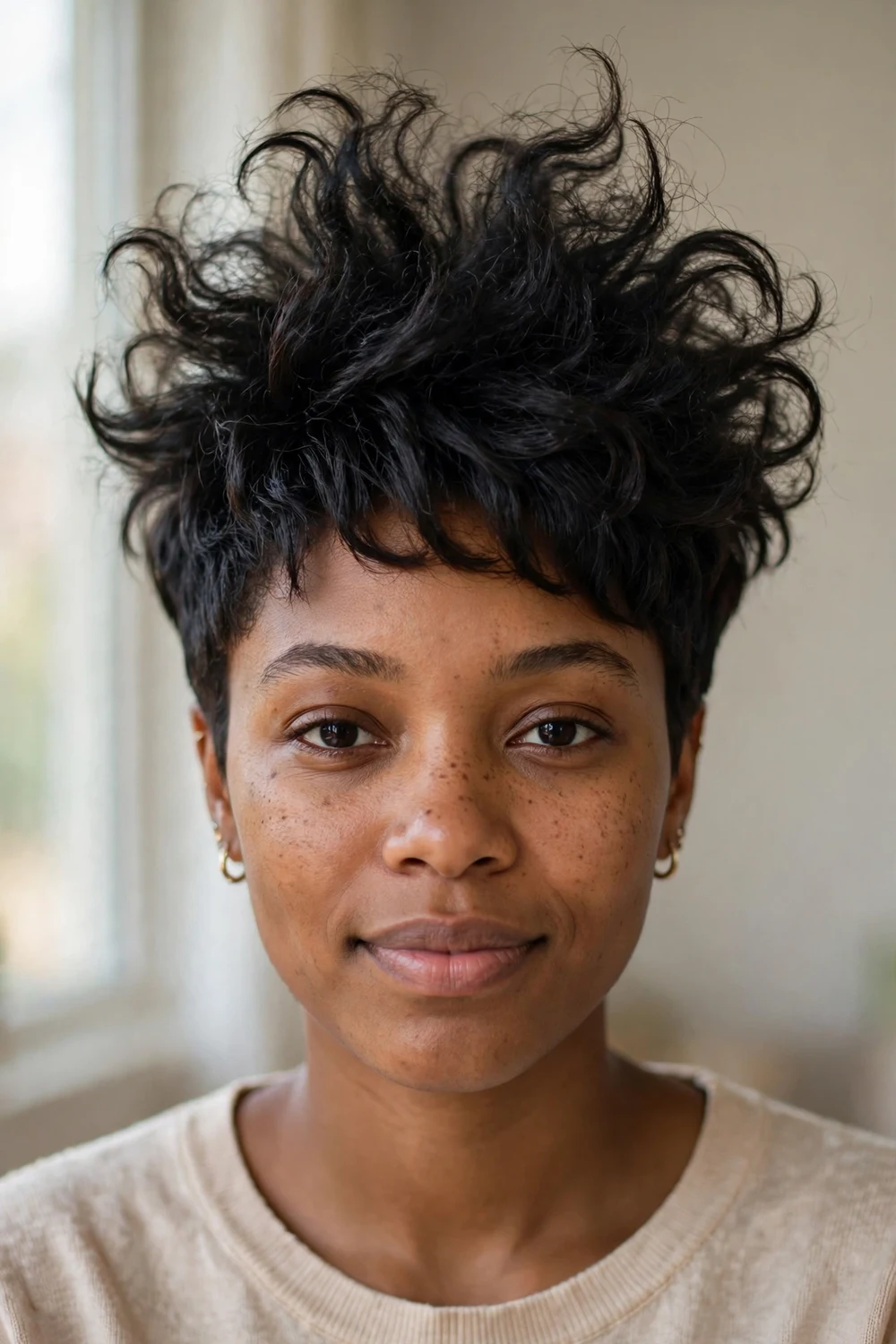 Pixie haircut with wild volume on top for a round face