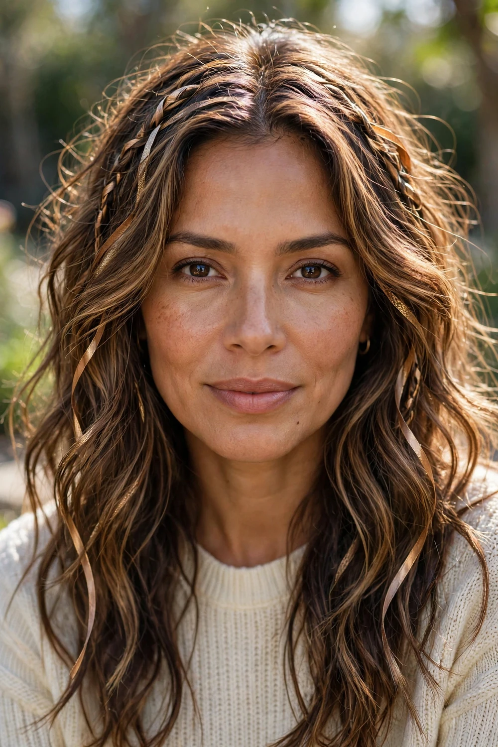 Mid-brown hair with bronzed balayage, bronze and gold ribbons woven through brown, tousled beach waves