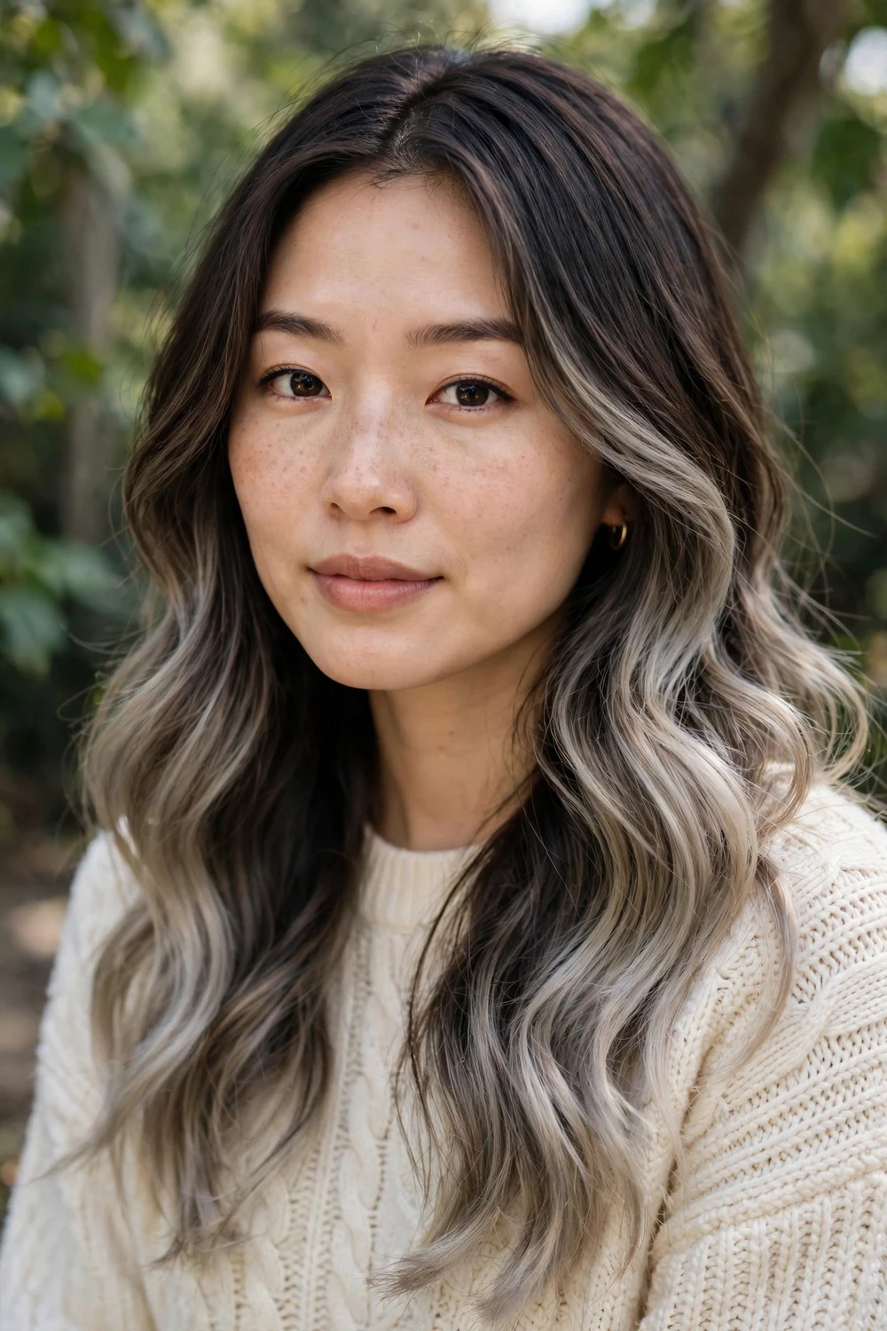 Brunette woman with ash blonde balayage melting from dark roots to smoky ash ends, soft waves, natural daylight