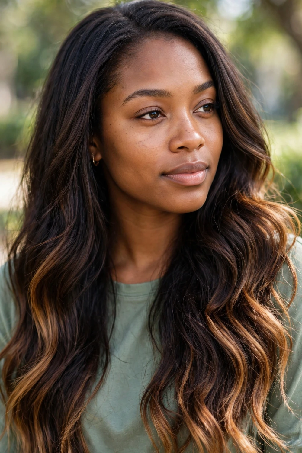Caramel-tipped brunette balayage, dark brown hair with caramel concentrated at the ends, long layered hair