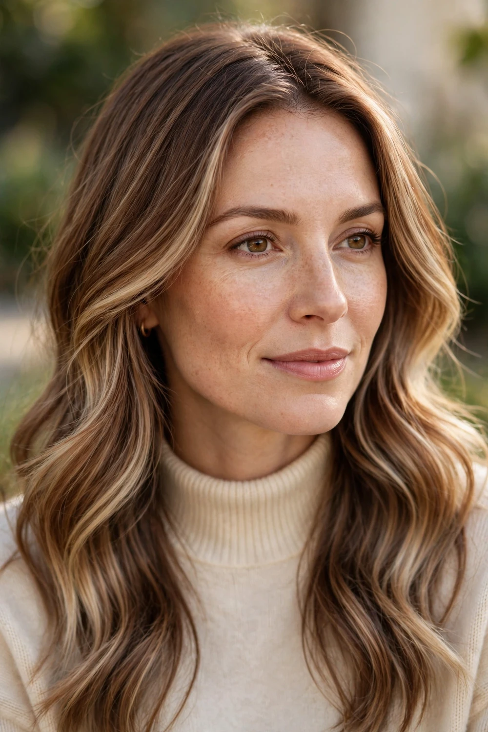 Chai latte balayage on brunette, warm spiced browns with cinnamon and milky beige tones, cozy winter hair
