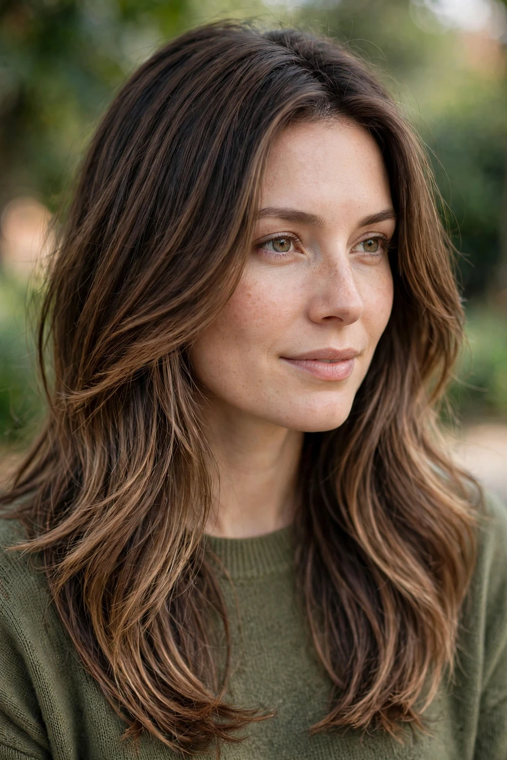 Medium chocolate brown balayage with shadowed dark roots, lighter chocolate ends, long layered brunette hair