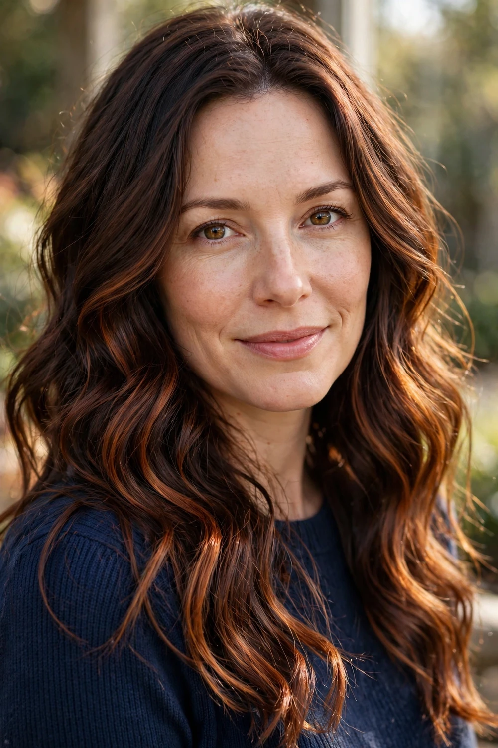 Brunette hair with copper balayage waves, auburn undertones glowing through dark brown base, long wavy hair