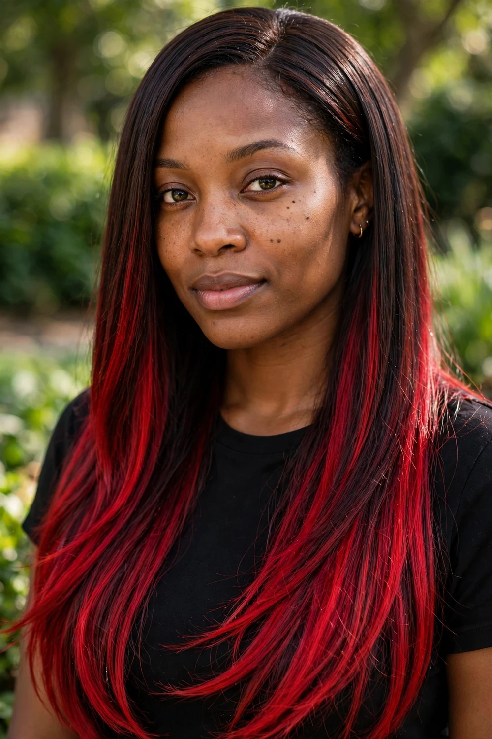 Dark brown hair with crimson red balayage streaks, bold red dimension through the ends, straight sleek hair
